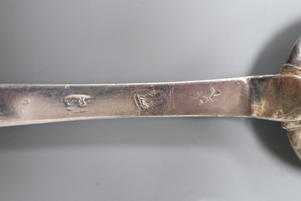 An early 18th century silver dog nose rat tail spoon, indistinct marks, maker, William Scarlett, circa 1705, 19.2cm, 38 grams.